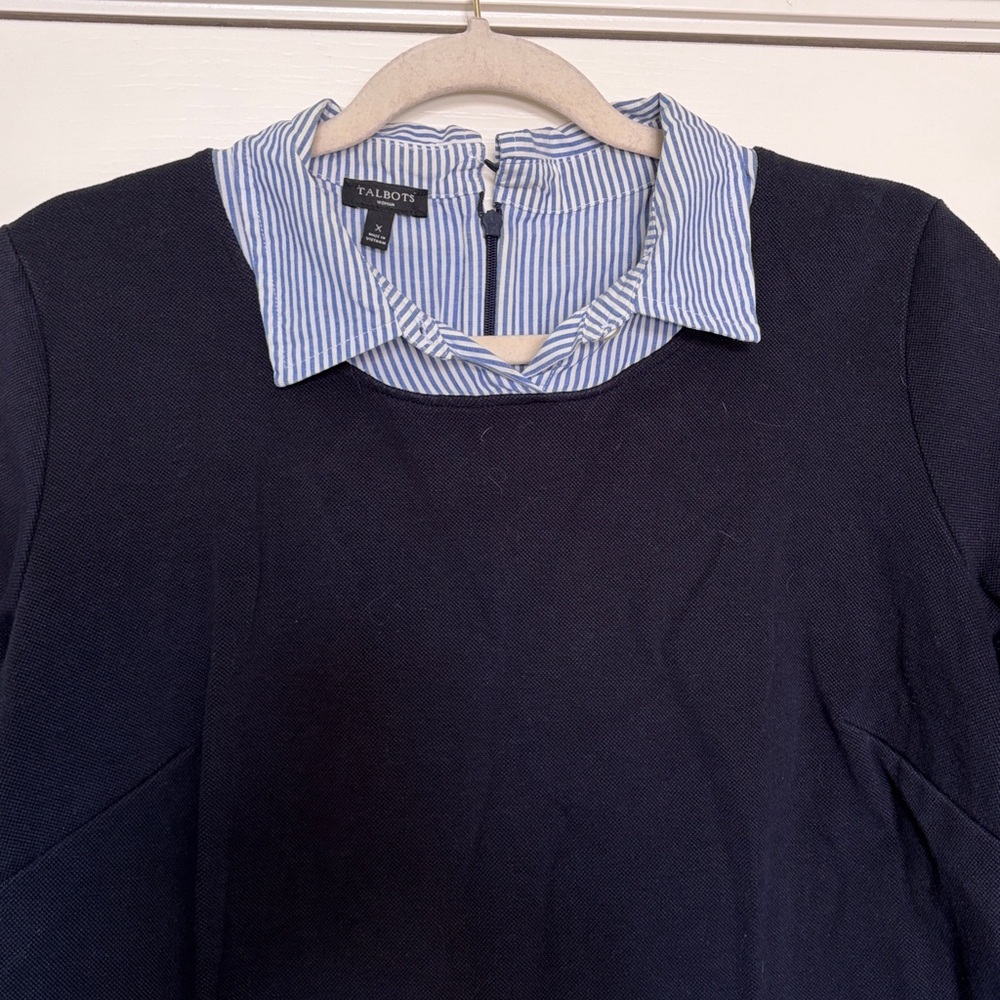 Talbots Navy Dress with Blue-White Stripe Collar - Picture 2 of 8